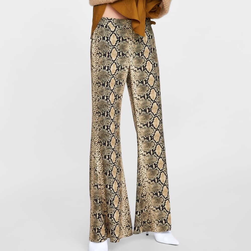 Zara Snake Print Boot-Cut Jumpsuit Pants in Beige and Black
